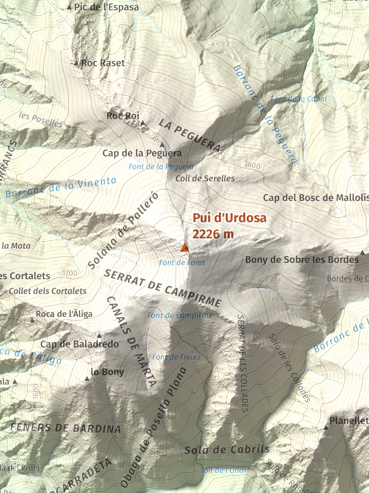 Mapa de relieve de Pui d'Urdosa, 2226 m, Pallars Sobirà, lámina 100 Cims de Trobart. Detalle de la zona central. 30 × 40 cm.