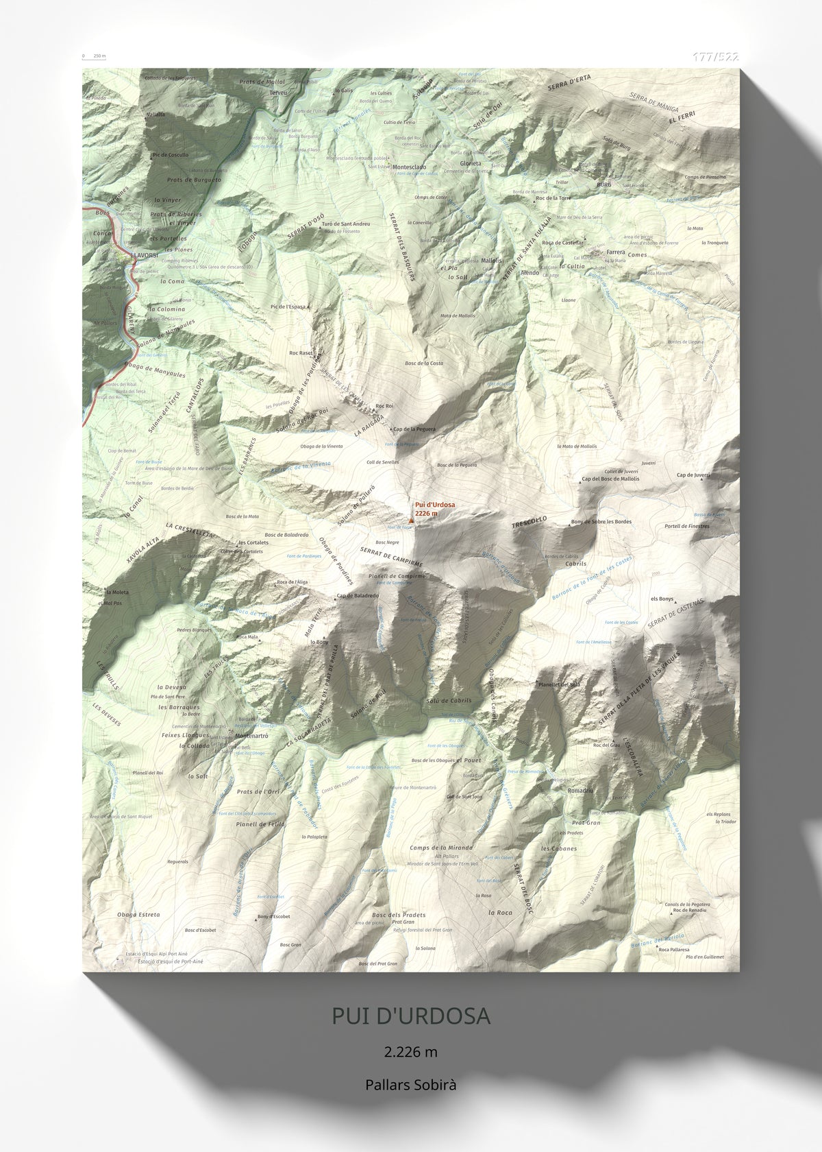 Mapa de relieve de Pui d'Urdosa, 2226 m, Pallars Sobirà, lámina 100 Cims de Trobart 50 × 70 cm.