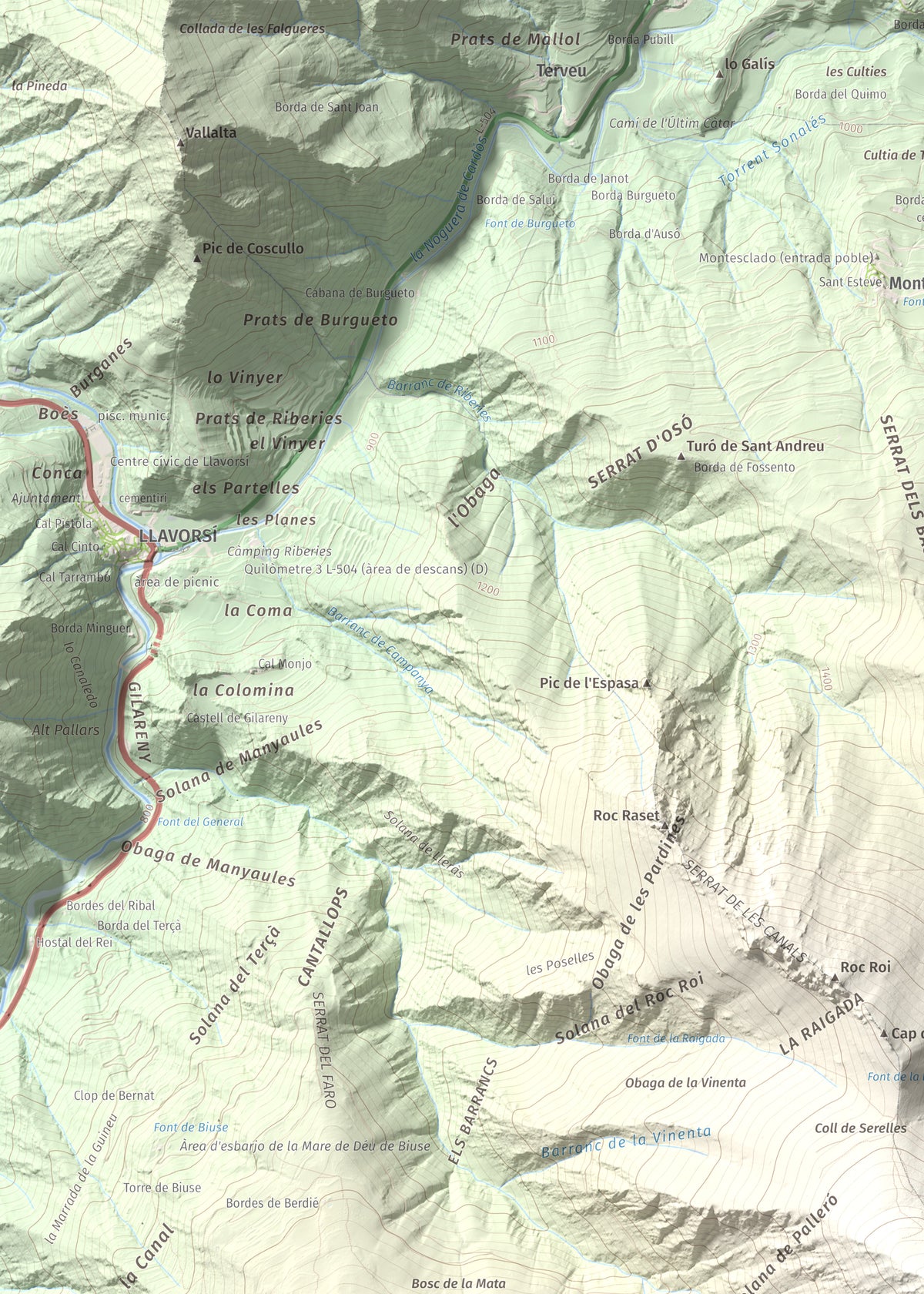 Mapa de relieve de Pui d'Urdosa, 2226 m, Pallars Sobirà, lámina 100 Cims de Trobart. Detalle de la zona superior izquierda. 50 × 70 cm.