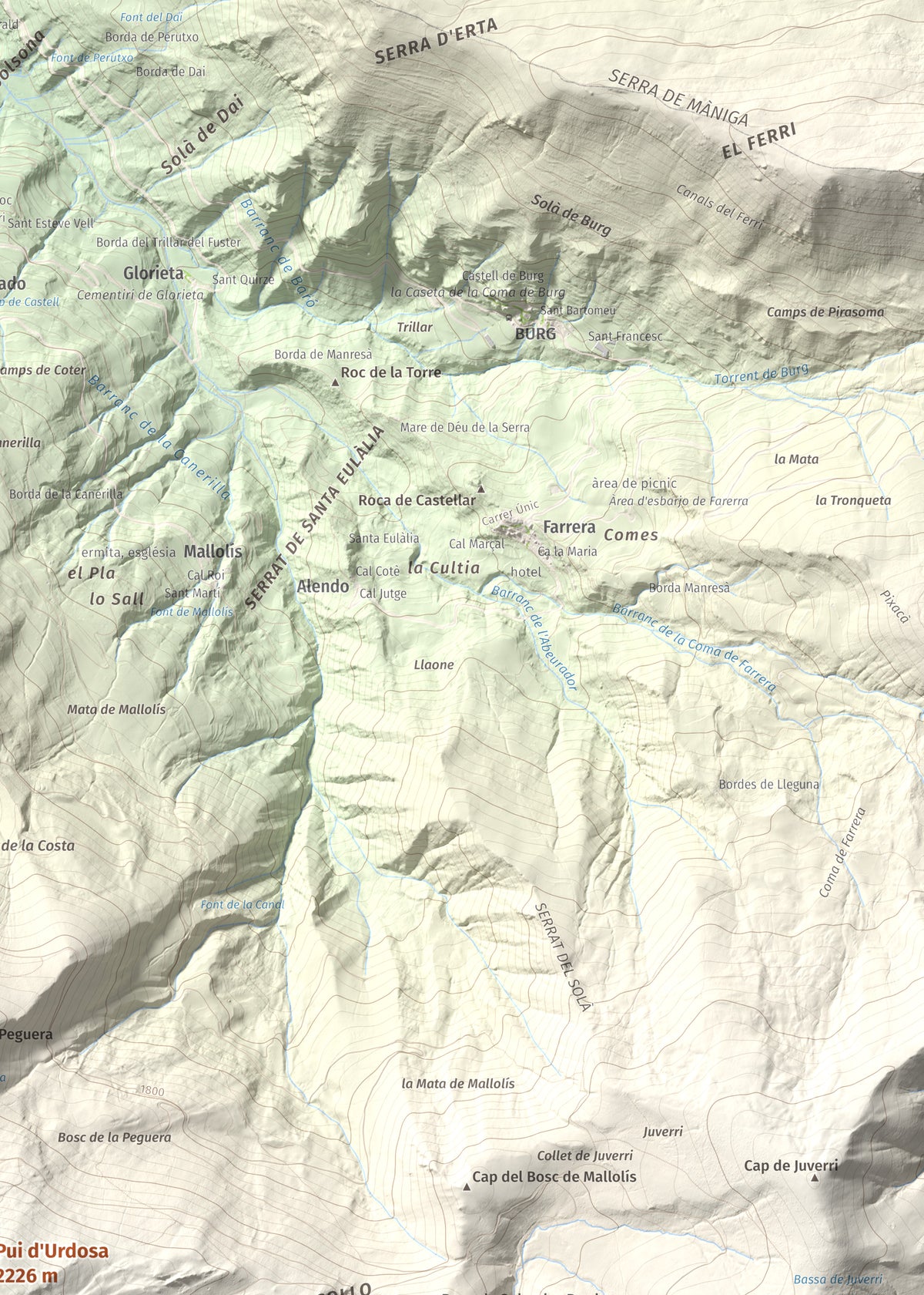 Mapa de relieve de Pui d'Urdosa, 2226 m, Pallars Sobirà, lámina 100 Cims de Trobart. Detalle de la zona superior derecha. 50 × 70 cm.