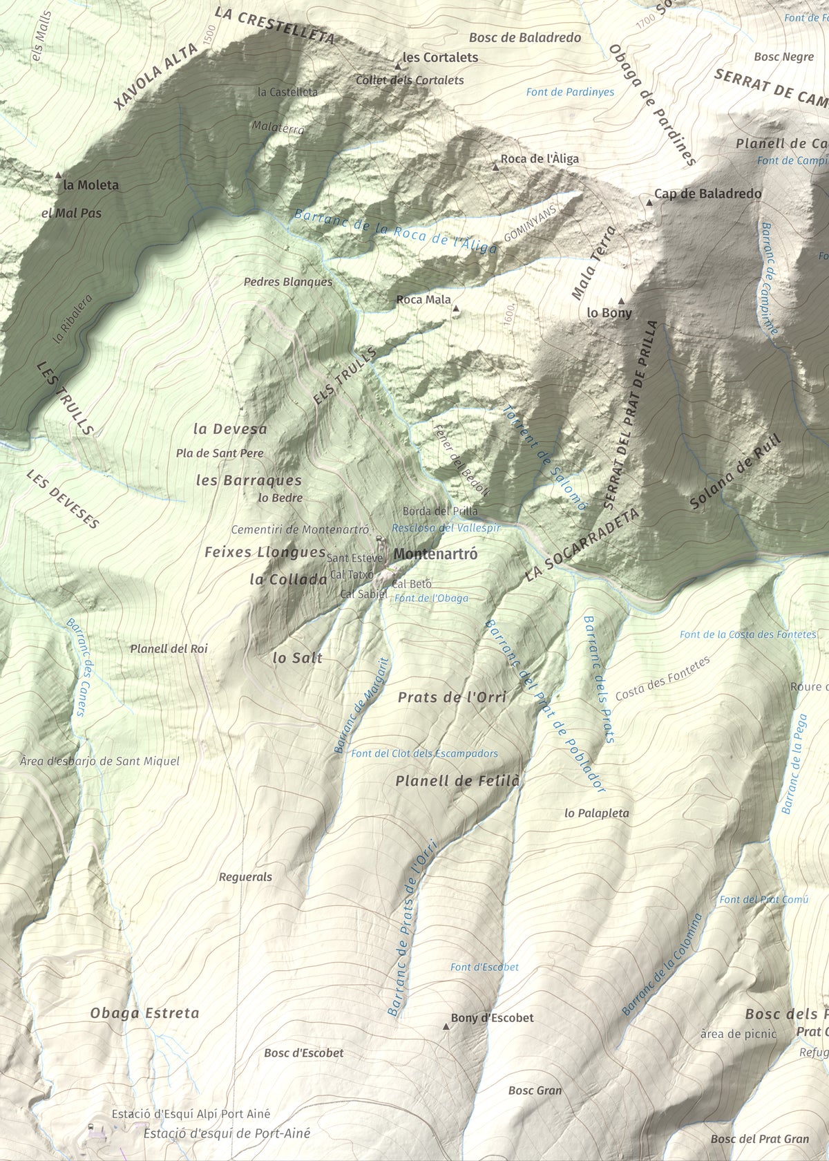 Mapa de relieve de Pui d'Urdosa, 2226 m, Pallars Sobirà, lámina 100 Cims de Trobart. Detalle de la zona inferior izquierda. 50 × 70 cm.