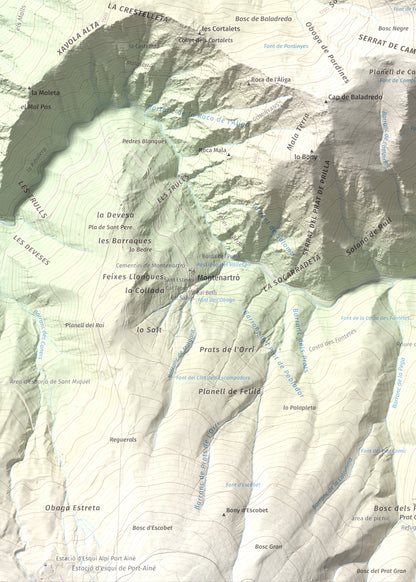 Mapa de relieve de Pui d'Urdosa, 2226 m, Pallars Sobirà, lámina 100 Cims de Trobart. Detalle de la zona inferior izquierda. 50 × 70 cm.