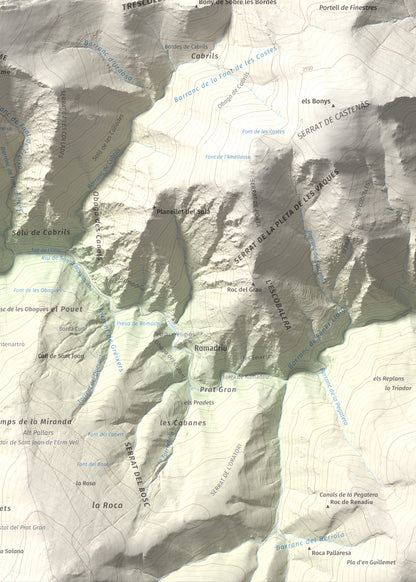 Mapa de relieve de Pui d'Urdosa, 2226 m, Pallars Sobirà, lámina 100 Cims de Trobart. Detalle de la zona inferior derecha. 50 × 70 cm.