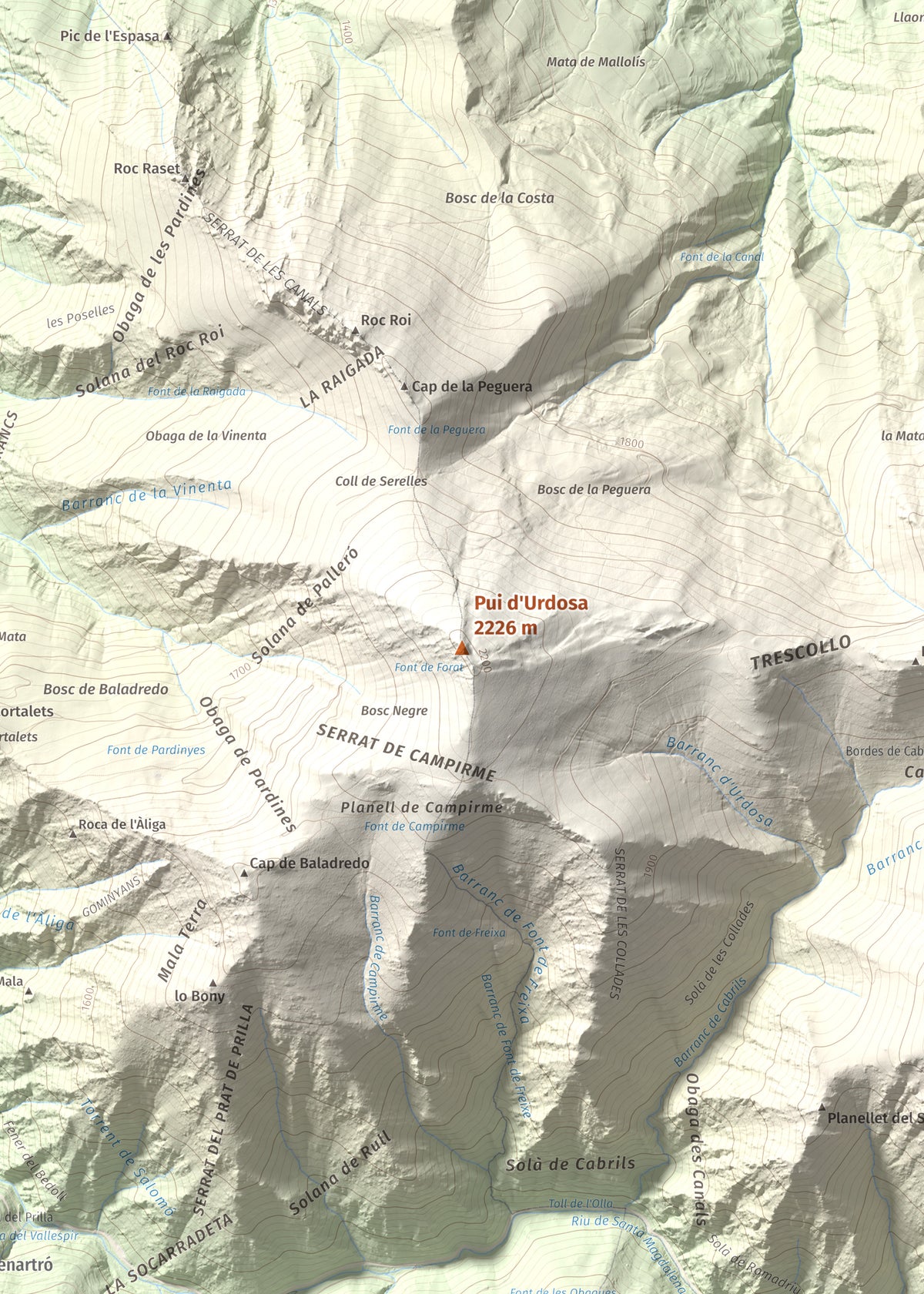 Mapa de relieve de Pui d'Urdosa, 2226 m, Pallars Sobirà, lámina 100 Cims de Trobart. Detalle de la zona central. 50 × 70 cm.
