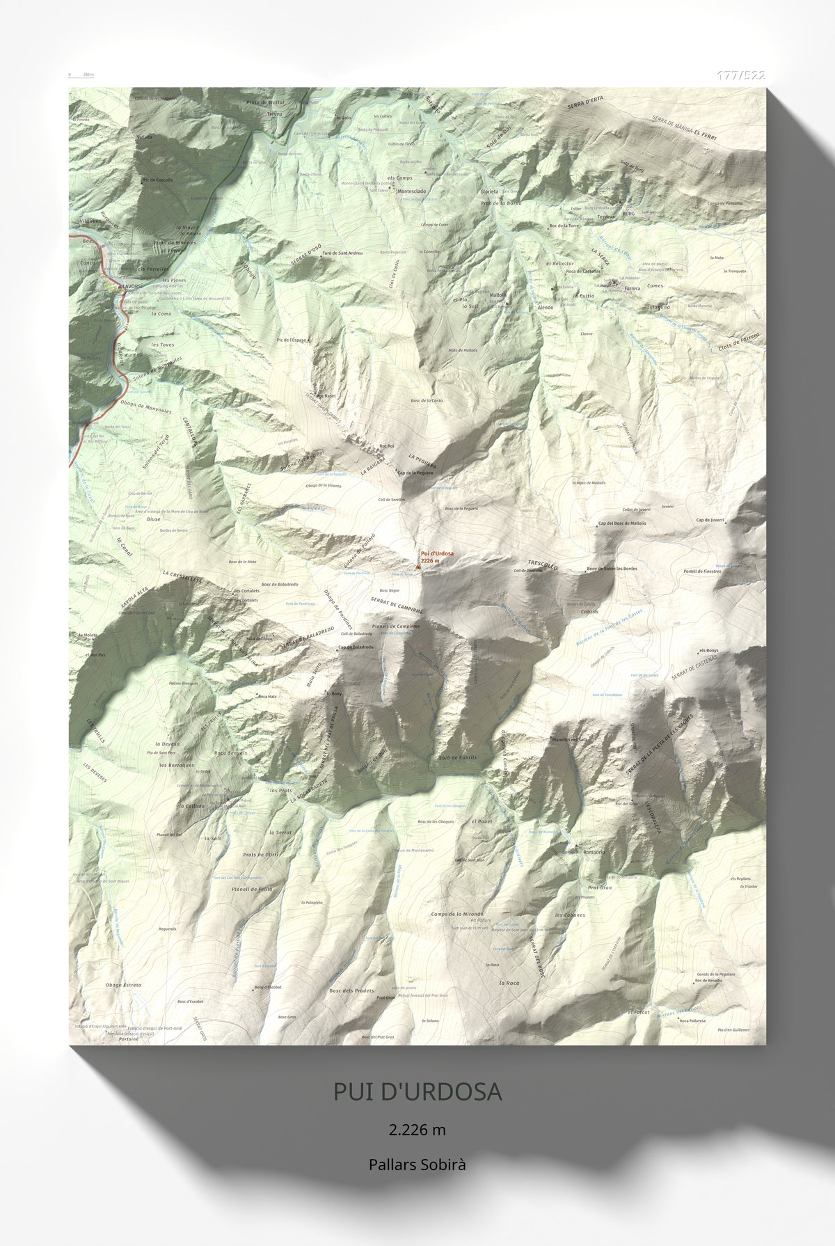 Mapa de relieve de Pui d'Urdosa, 2226 m, Pallars Sobirà, lámina 100 Cims de Trobart 61 × 91 cm.
