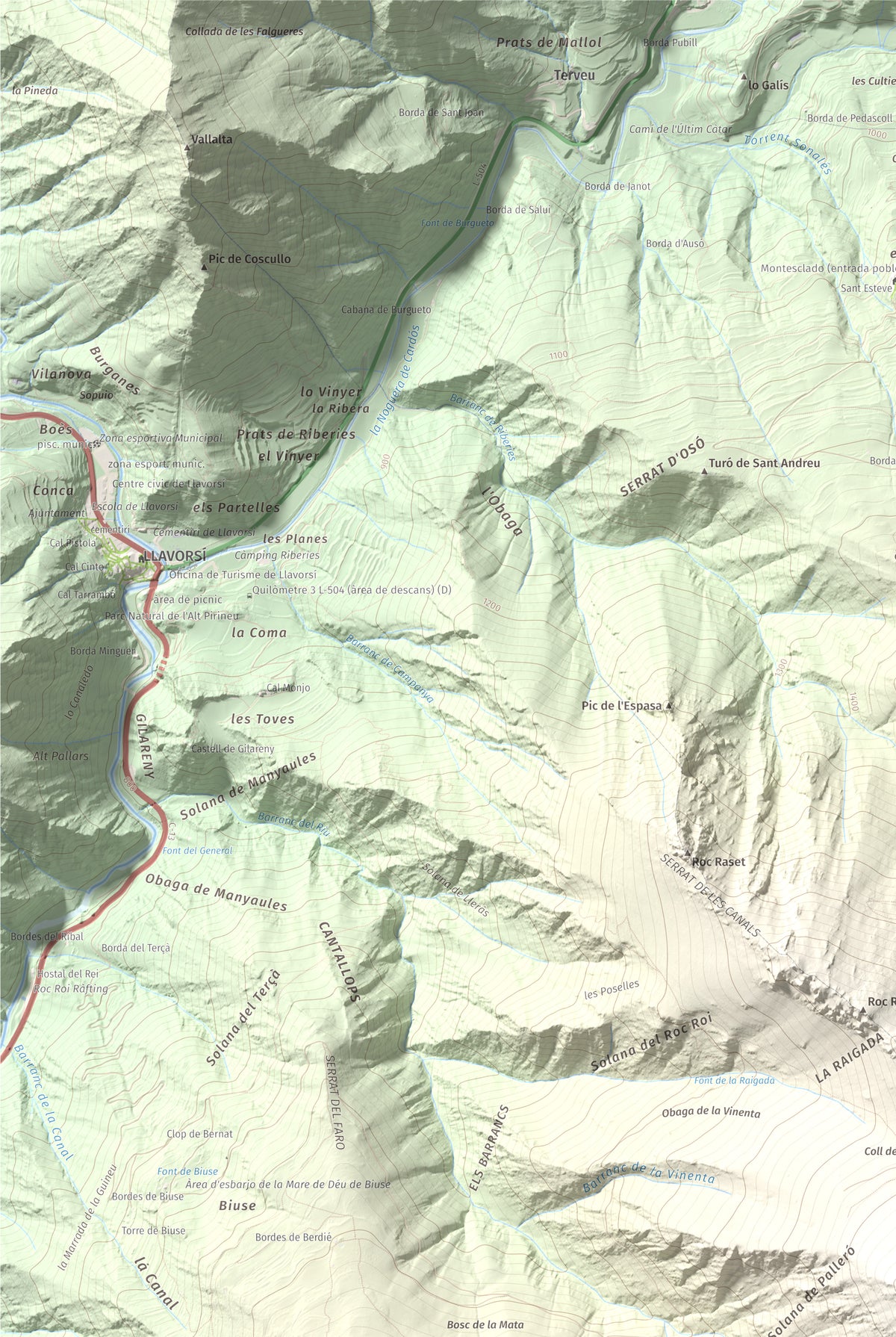 Mapa de relieve de Pui d'Urdosa, 2226 m, Pallars Sobirà, lámina 100 Cims de Trobart. Detalle de la zona superior izquierda. 61 × 91 cm.