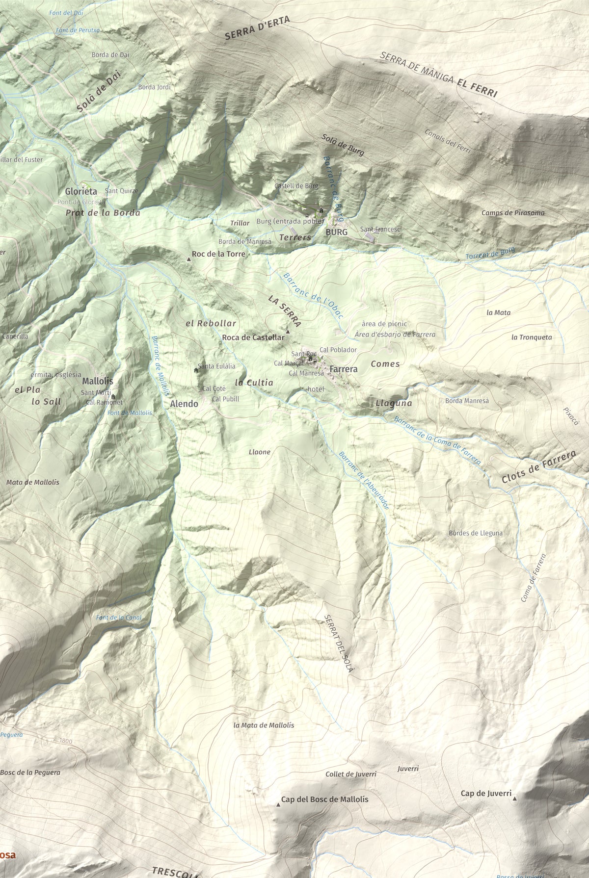 Mapa de relieve de Pui d'Urdosa, 2226 m, Pallars Sobirà, lámina 100 Cims de Trobart. Detalle de la zona superior derecha. 61 × 91 cm.