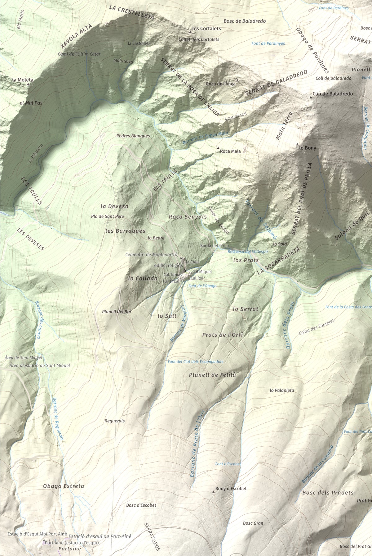 Mapa de relieve de Pui d'Urdosa, 2226 m, Pallars Sobirà, lámina 100 Cims de Trobart. Detalle de la zona inferior izquierda. 61 × 91 cm.