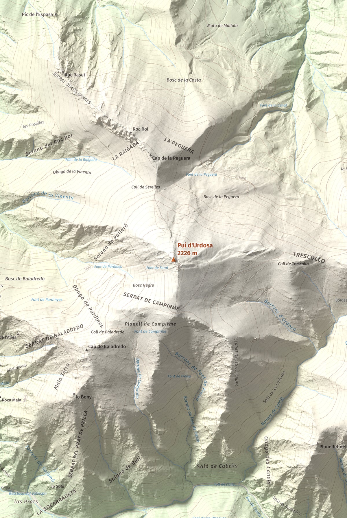 Mapa de relieve de Pui d'Urdosa, 2226 m, Pallars Sobirà, lámina 100 Cims de Trobart. Detalle de la zona central. 61 × 91 cm.