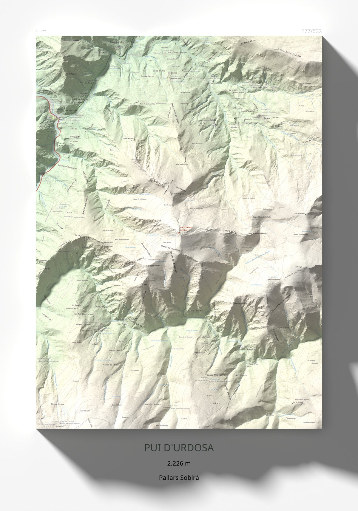 Mapa de relieve de Pui d'Urdosa, 2226 m, Pallars Sobirà, lámina 100 Cims de Trobart 70 × 100 cm.