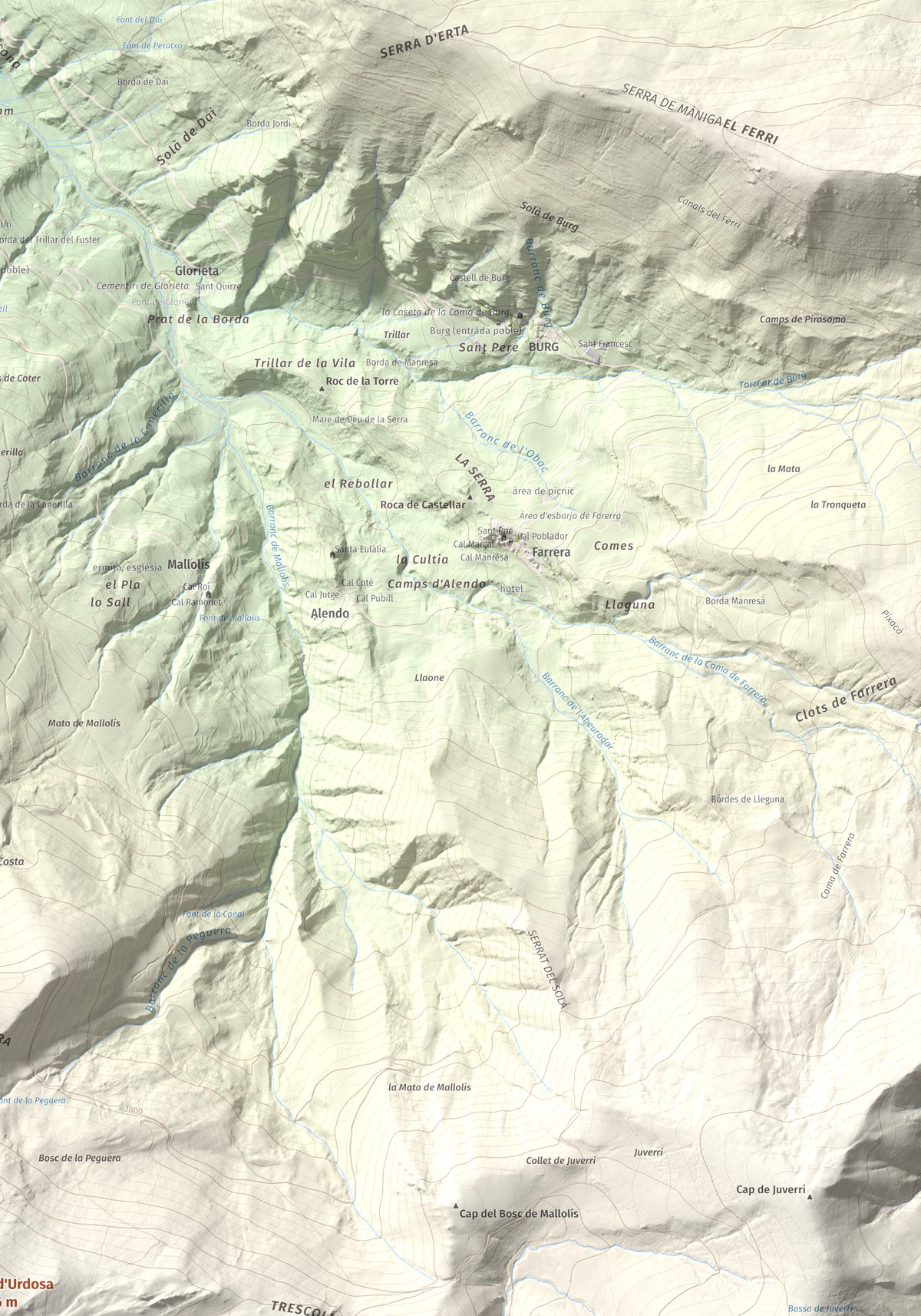 Mapa de relieve de Pui d'Urdosa, 2226 m, Pallars Sobirà, lámina 100 Cims de Trobart. Detalle de la zona superior derecha. 70 × 100 cm.