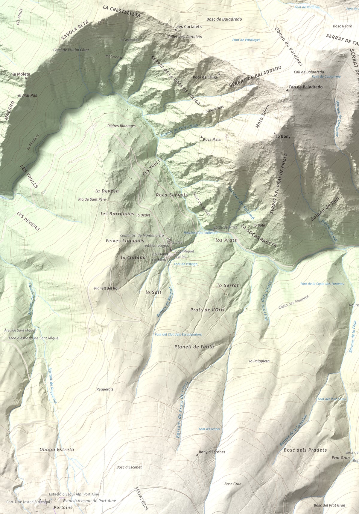 Mapa de relieve de Pui d'Urdosa, 2226 m, Pallars Sobirà, lámina 100 Cims de Trobart. Detalle de la zona inferior izquierda. 70 × 100 cm.