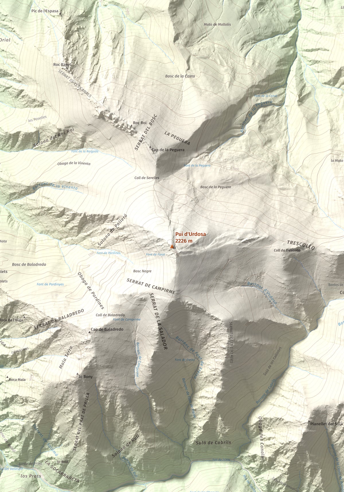 Mapa de relieve de Pui d'Urdosa, 2226 m, Pallars Sobirà, lámina 100 Cims de Trobart. Detalle de la zona central. 70 × 100 cm.