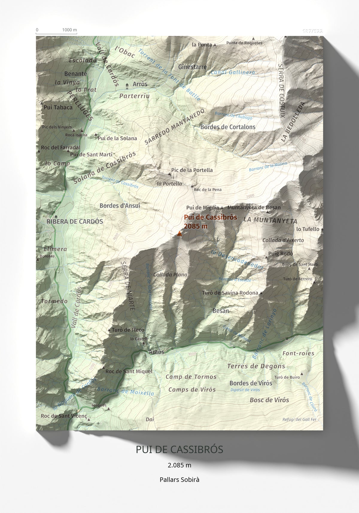 Mapa de relieve de Pui de Cassibrós, 2085 m, Pallars Sobirà, lámina 100 Cims de Trobart 21 × 30 cm.