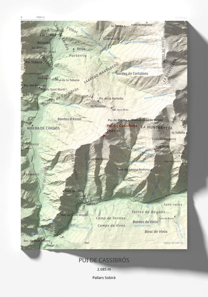 Mapa de relieve de Pui de Cassibrós, 2085 m, Pallars Sobirà, lámina 100 Cims de Trobart 21 × 30 cm.