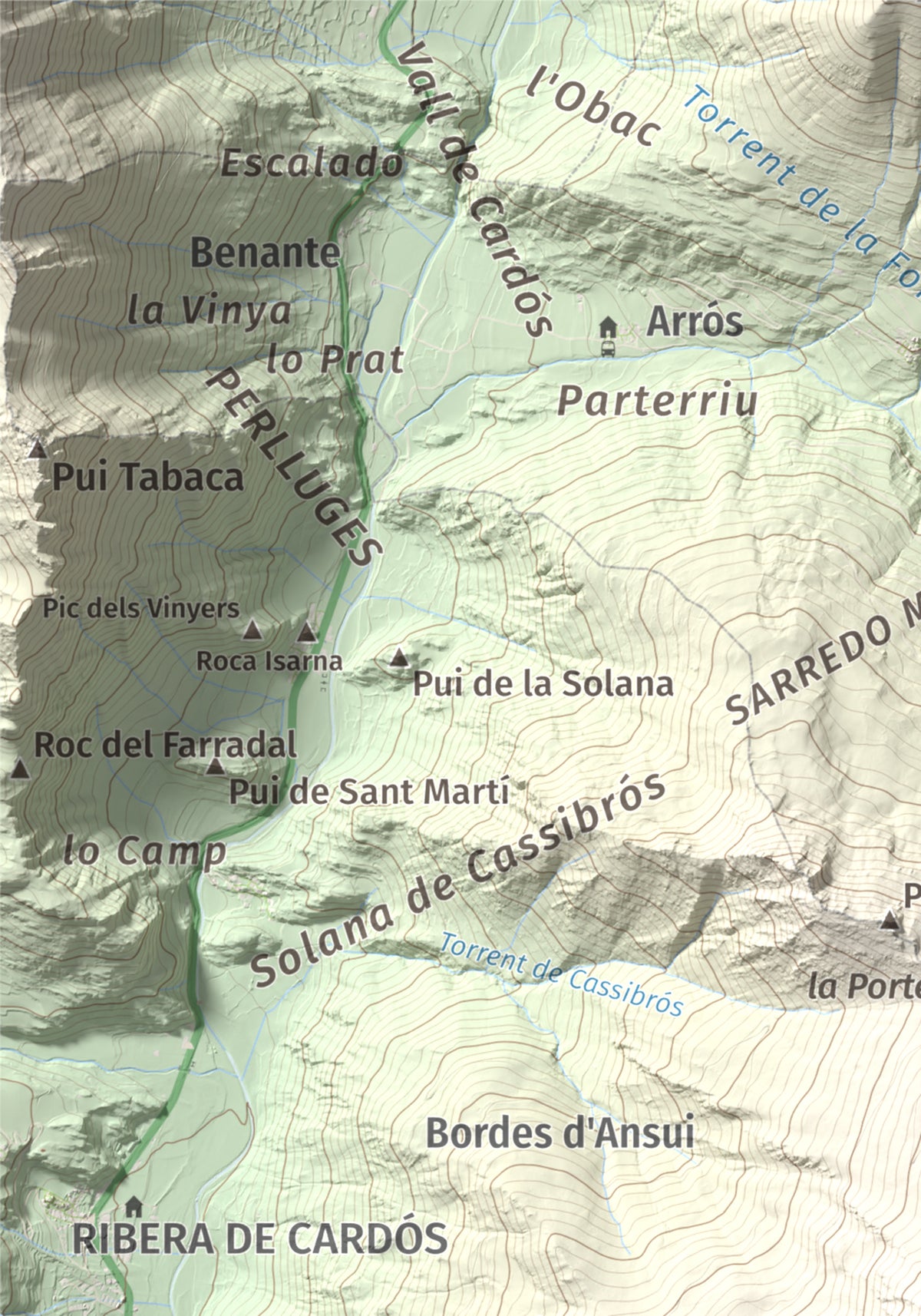 Mapa de relieve de Pui de Cassibrós, 2085 m, Pallars Sobirà, lámina 100 Cims de Trobart. Detalle de la zona superior izquierda. 21 × 30 cm.