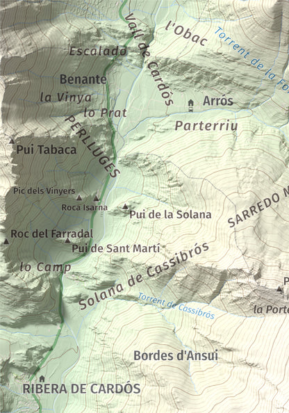 Mapa de relieve de Pui de Cassibrós, 2085 m, Pallars Sobirà, lámina 100 Cims de Trobart. Detalle de la zona superior izquierda. 21 × 30 cm.