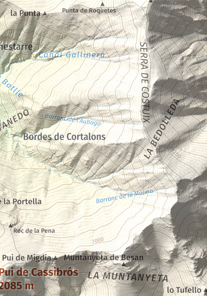 Mapa de relieve de Pui de Cassibrós, 2085 m, Pallars Sobirà, lámina 100 Cims de Trobart. Detalle de la zona superior derecha. 21 × 30 cm.