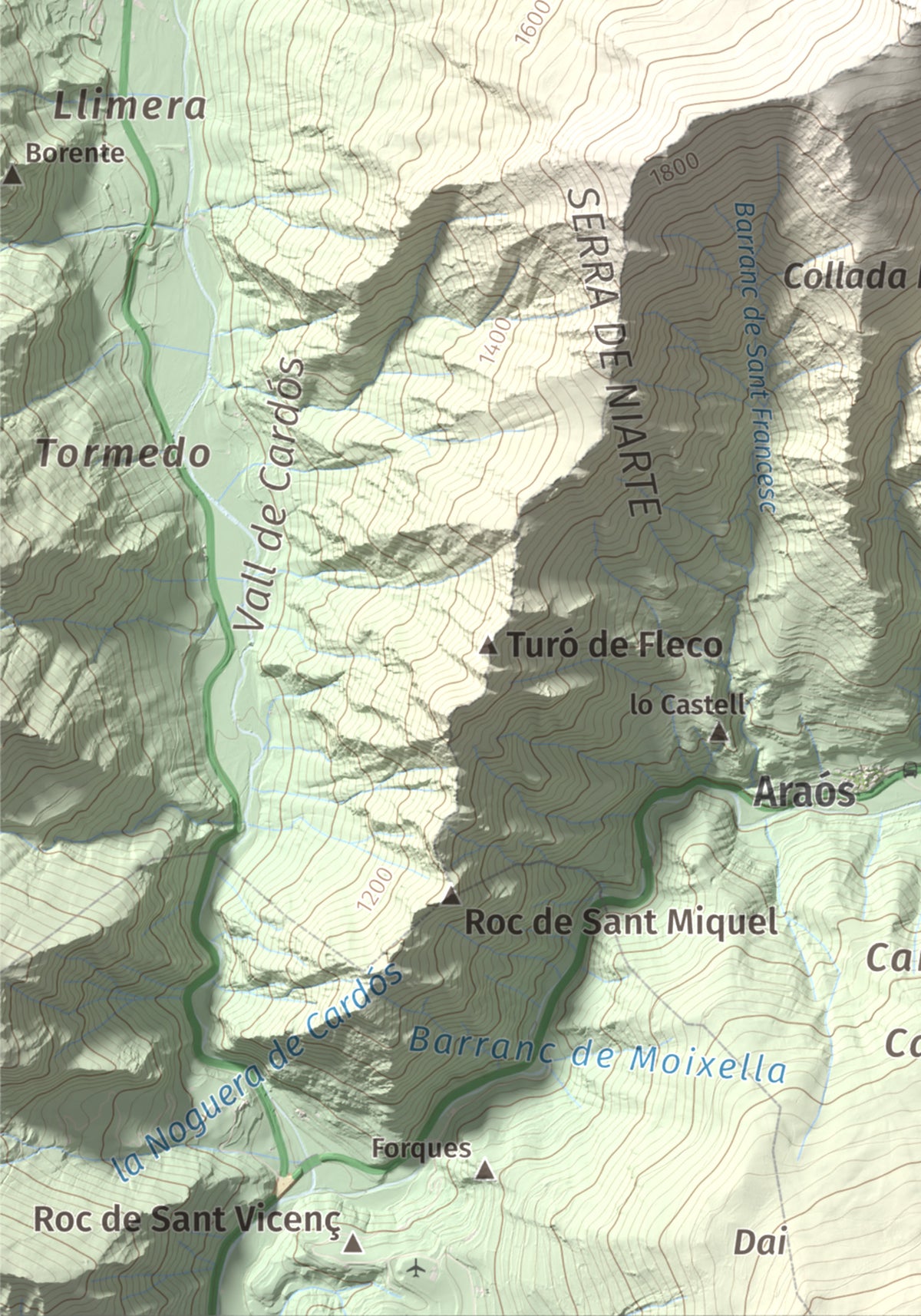 Mapa de relieve de Pui de Cassibrós, 2085 m, Pallars Sobirà, lámina 100 Cims de Trobart. Detalle de la zona inferior izquierda. 21 × 30 cm.