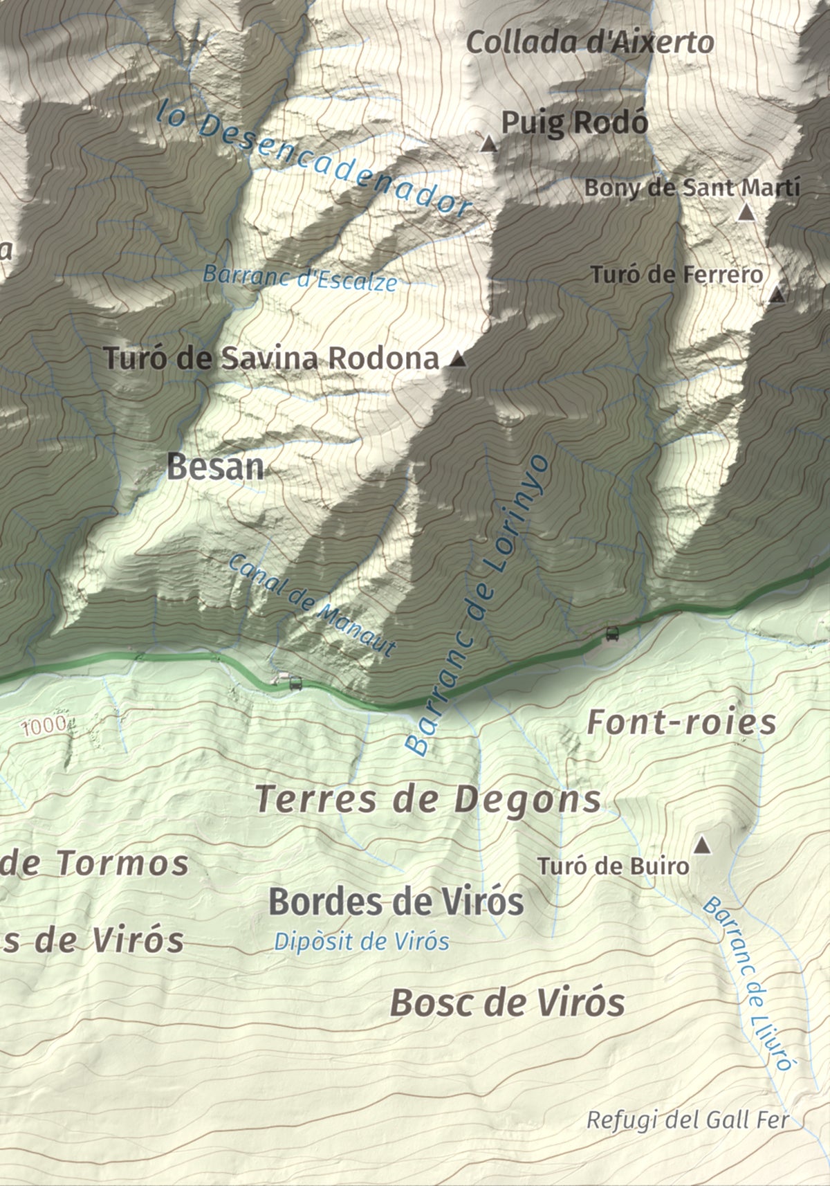 Mapa de relieve de Pui de Cassibrós, 2085 m, Pallars Sobirà, lámina 100 Cims de Trobart. Detalle de la zona inferior derecha. 21 × 30 cm.