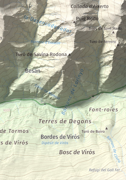 Mapa de relieve de Pui de Cassibrós, 2085 m, Pallars Sobirà, lámina 100 Cims de Trobart. Detalle de la zona inferior derecha. 21 × 30 cm.