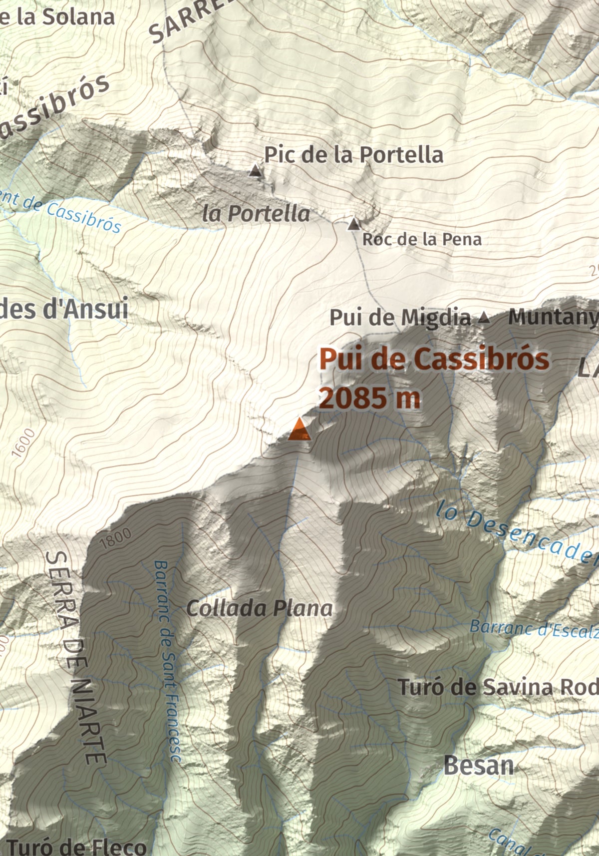 Mapa de relieve de Pui de Cassibrós, 2085 m, Pallars Sobirà, lámina 100 Cims de Trobart. Detalle de la zona central. 21 × 30 cm.