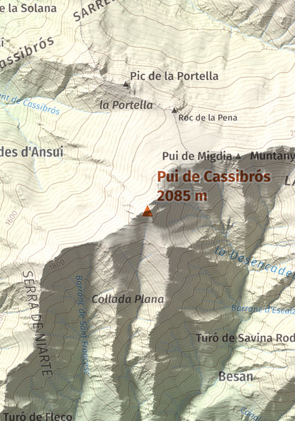 Mapa de relieve de Pui de Cassibrós, 2085 m, Pallars Sobirà, lámina 100 Cims de Trobart. Detalle de la zona central. 21 × 30 cm.