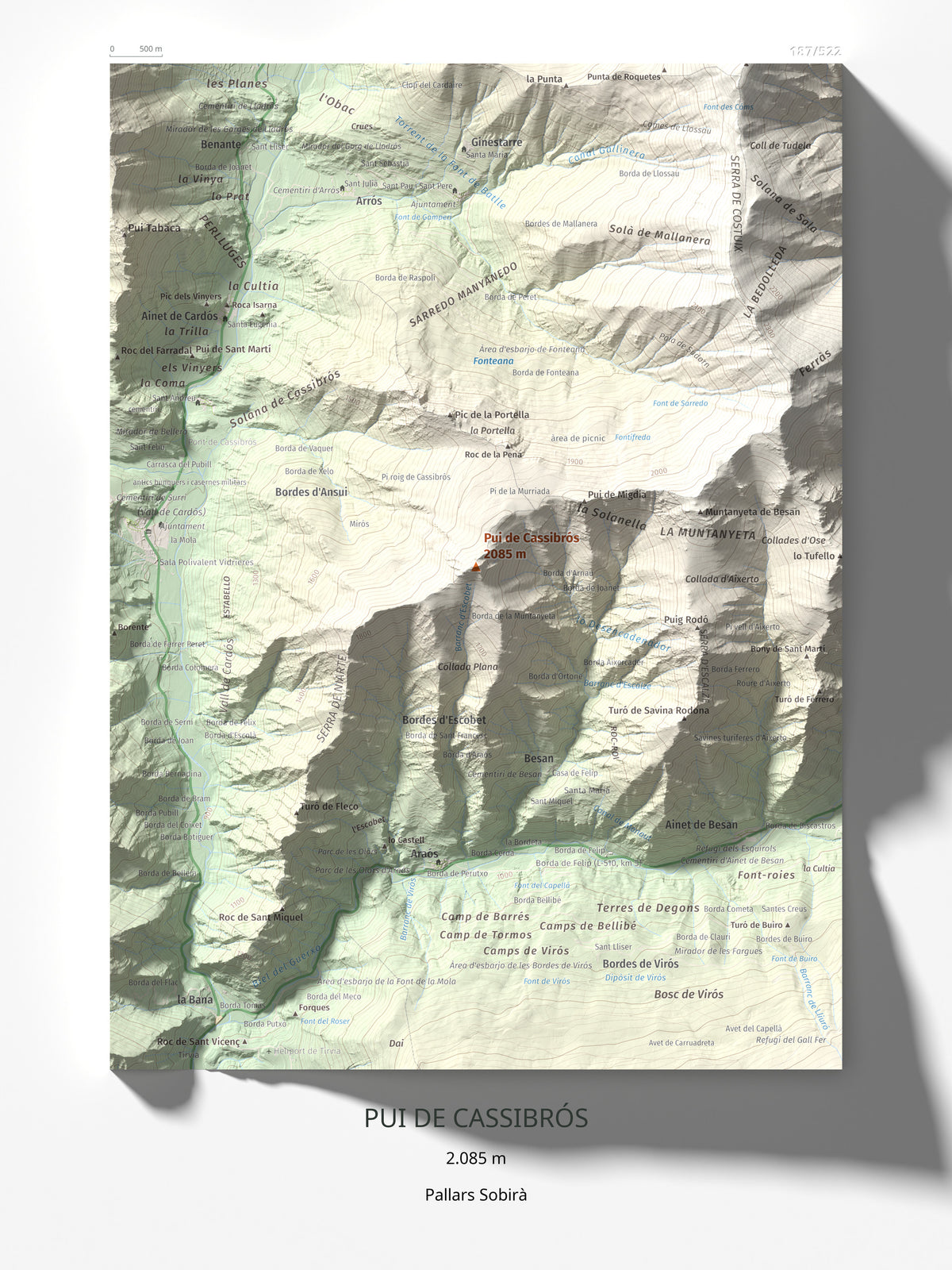 Mapa de relieve de Pui de Cassibrós, 2085 m, Pallars Sobirà, lámina 100 Cims de Trobart 30 × 40 cm.