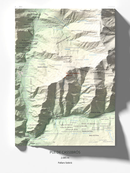 Mapa de relieve de Pui de Cassibrós, 2085 m, Pallars Sobirà, lámina 100 Cims de Trobart 30 × 40 cm.