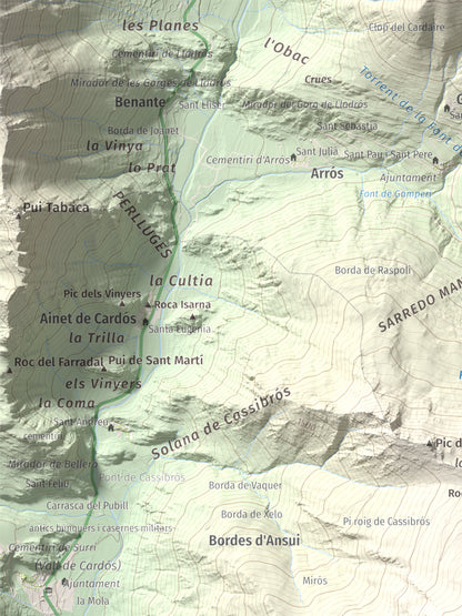 Mapa de relieve de Pui de Cassibrós, 2085 m, Pallars Sobirà, lámina 100 Cims de Trobart. Detalle de la zona superior izquierda. 30 × 40 cm.