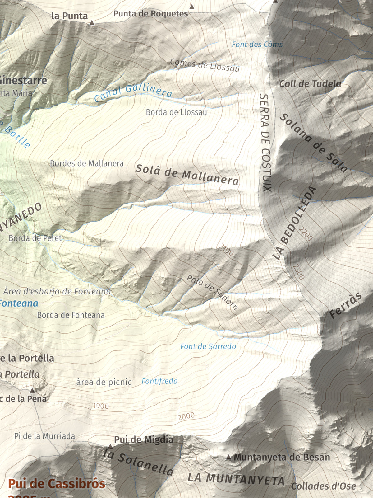 Mapa de relieve de Pui de Cassibrós, 2085 m, Pallars Sobirà, lámina 100 Cims de Trobart. Detalle de la zona superior derecha. 30 × 40 cm.