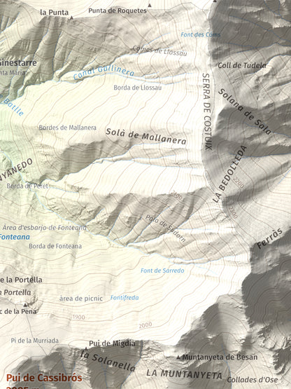 Mapa de relieve de Pui de Cassibrós, 2085 m, Pallars Sobirà, lámina 100 Cims de Trobart. Detalle de la zona superior derecha. 30 × 40 cm.
