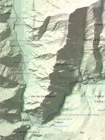 Mapa de relieve de Pui de Cassibrós, 2085 m, Pallars Sobirà, lámina 100 Cims de Trobart. Detalle de la zona inferior izquierda. 30 × 40 cm.