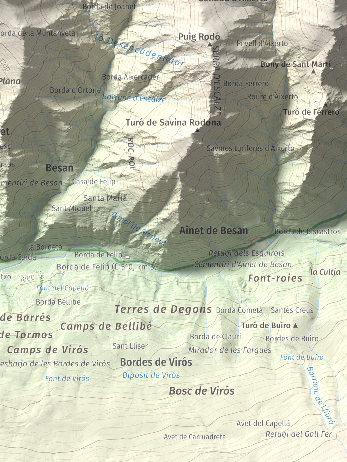 Mapa de relieve de Pui de Cassibrós, 2085 m, Pallars Sobirà, lámina 100 Cims de Trobart. Detalle de la zona inferior derecha. 30 × 40 cm.