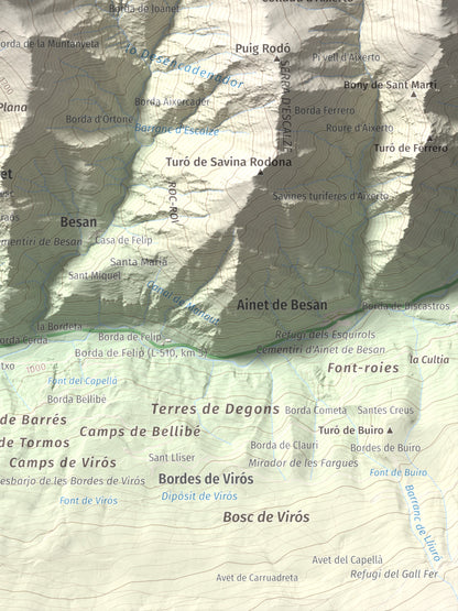 Mapa de relieve de Pui de Cassibrós, 2085 m, Pallars Sobirà, lámina 100 Cims de Trobart. Detalle de la zona inferior derecha. 30 × 40 cm.