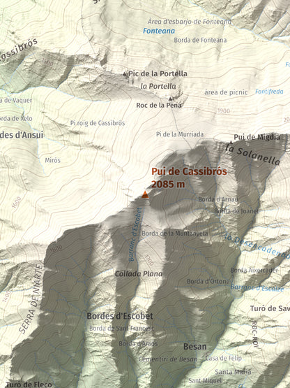 Mapa de relieve de Pui de Cassibrós, 2085 m, Pallars Sobirà, lámina 100 Cims de Trobart. Detalle de la zona central. 30 × 40 cm.
