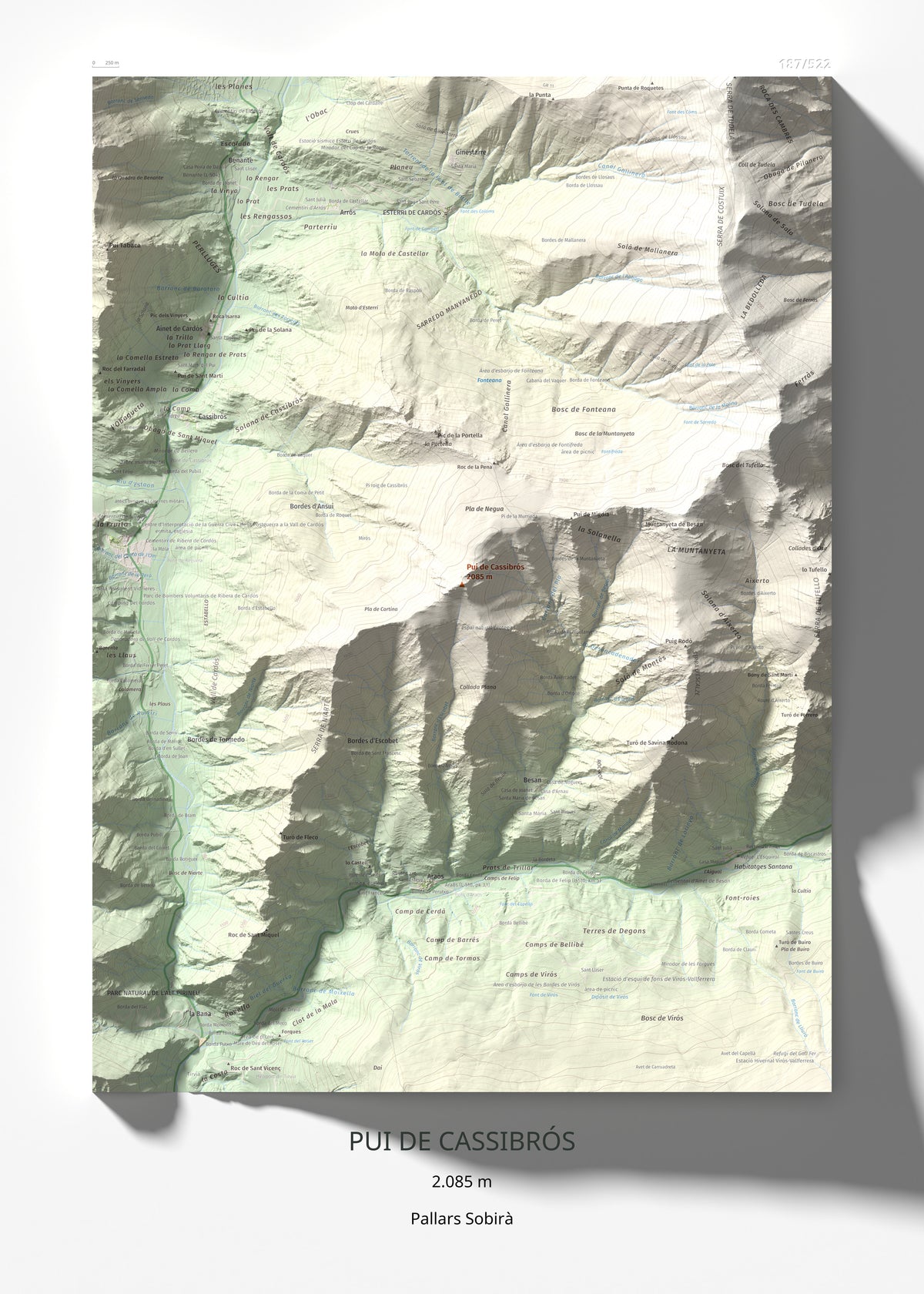 Mapa de relieve de Pui de Cassibrós, 2085 m, Pallars Sobirà, lámina 100 Cims de Trobart 50 × 70 cm.