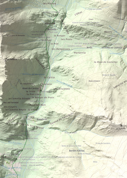 Mapa de relieve de Pui de Cassibrós, 2085 m, Pallars Sobirà, lámina 100 Cims de Trobart. Detalle de la zona superior izquierda. 50 × 70 cm.