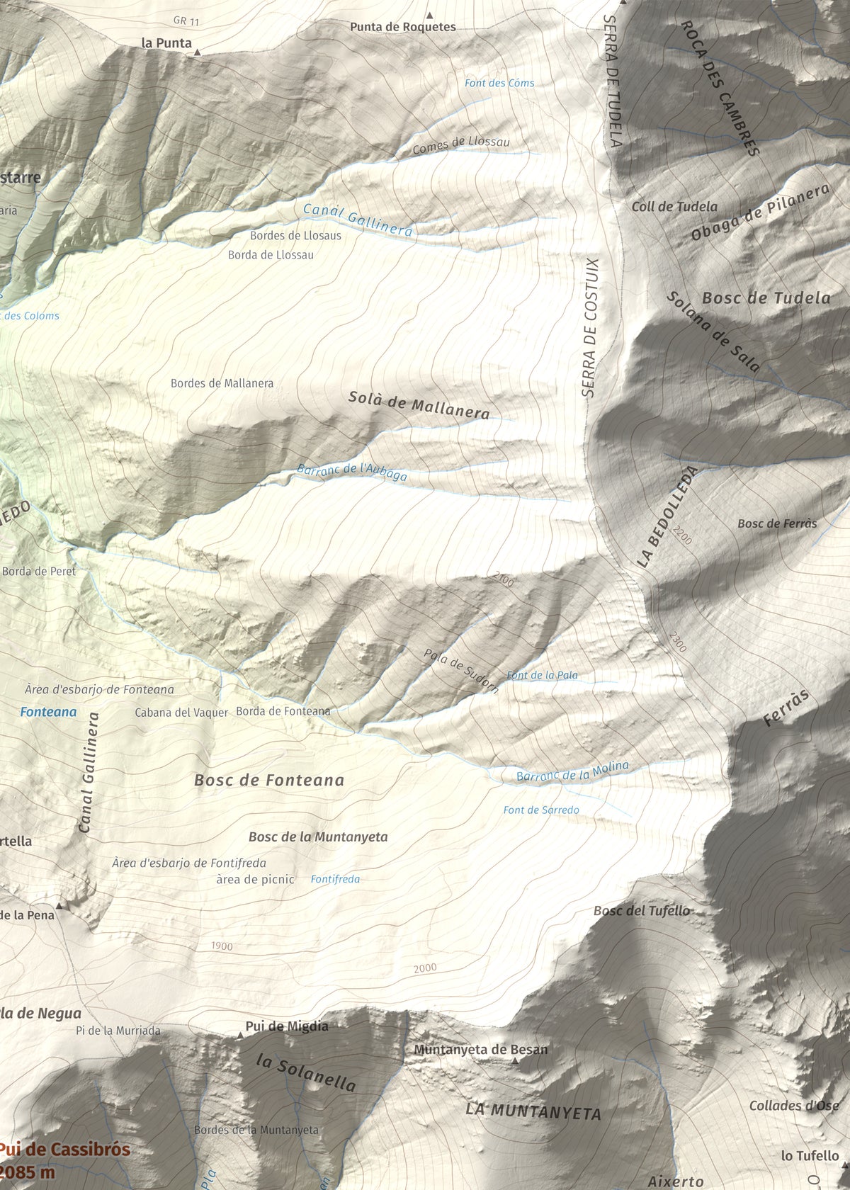 Mapa de relieve de Pui de Cassibrós, 2085 m, Pallars Sobirà, lámina 100 Cims de Trobart. Detalle de la zona superior derecha. 50 × 70 cm.