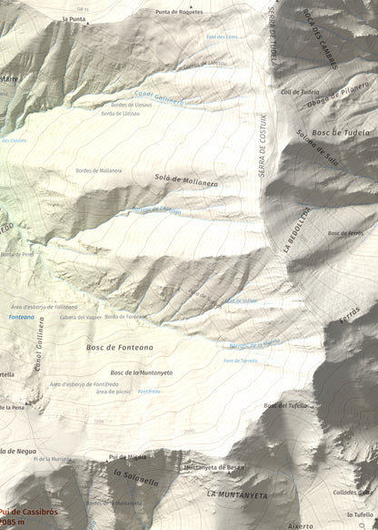 Mapa de relieve de Pui de Cassibrós, 2085 m, Pallars Sobirà, lámina 100 Cims de Trobart. Detalle de la zona superior derecha. 50 × 70 cm.