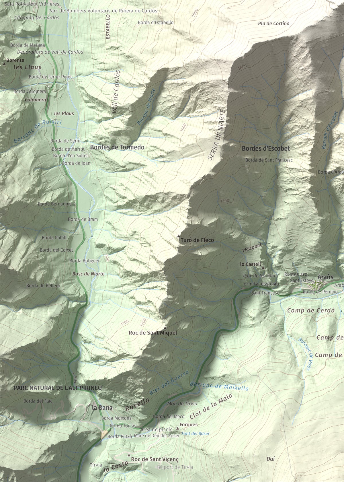 Mapa de relieve de Pui de Cassibrós, 2085 m, Pallars Sobirà, lámina 100 Cims de Trobart. Detalle de la zona inferior izquierda. 50 × 70 cm.