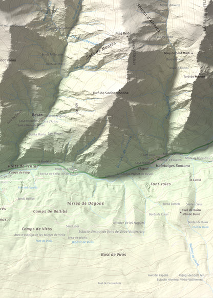 Mapa de relieve de Pui de Cassibrós, 2085 m, Pallars Sobirà, lámina 100 Cims de Trobart. Detalle de la zona inferior derecha. 50 × 70 cm.