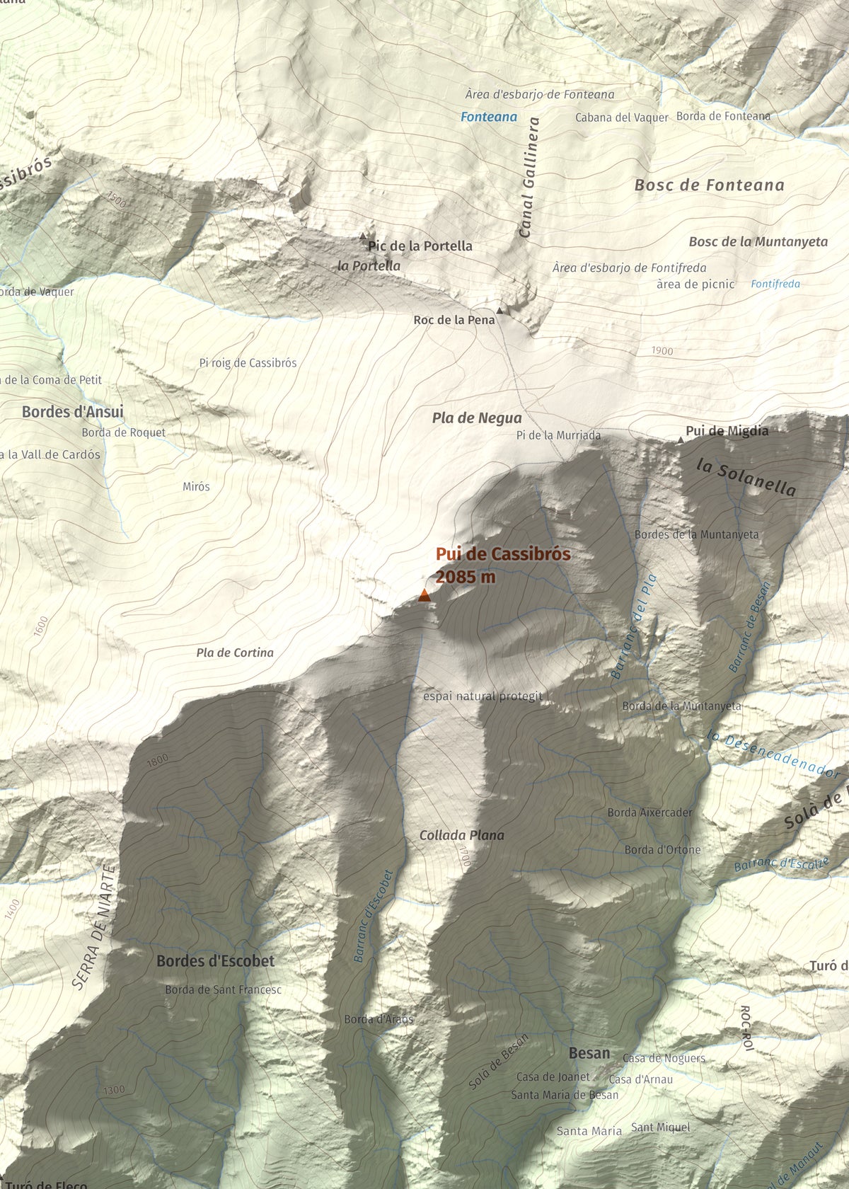 Mapa de relieve de Pui de Cassibrós, 2085 m, Pallars Sobirà, lámina 100 Cims de Trobart. Detalle de la zona central. 50 × 70 cm.