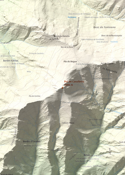 Mapa de relieve de Pui de Cassibrós, 2085 m, Pallars Sobirà, lámina 100 Cims de Trobart. Detalle de la zona central. 50 × 70 cm.