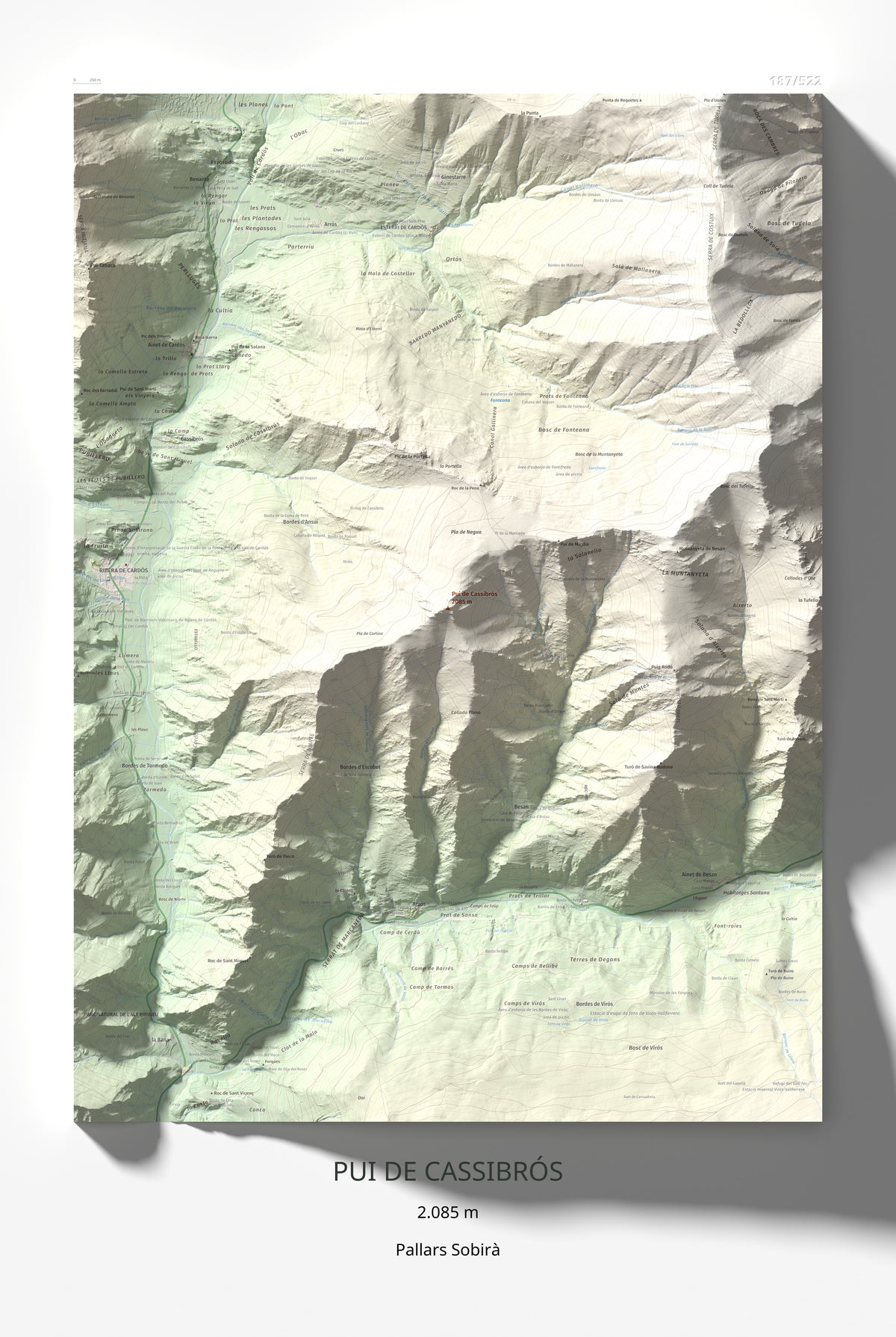 Mapa de relieve de Pui de Cassibrós, 2085 m, Pallars Sobirà, lámina 100 Cims de Trobart 61 × 91 cm.