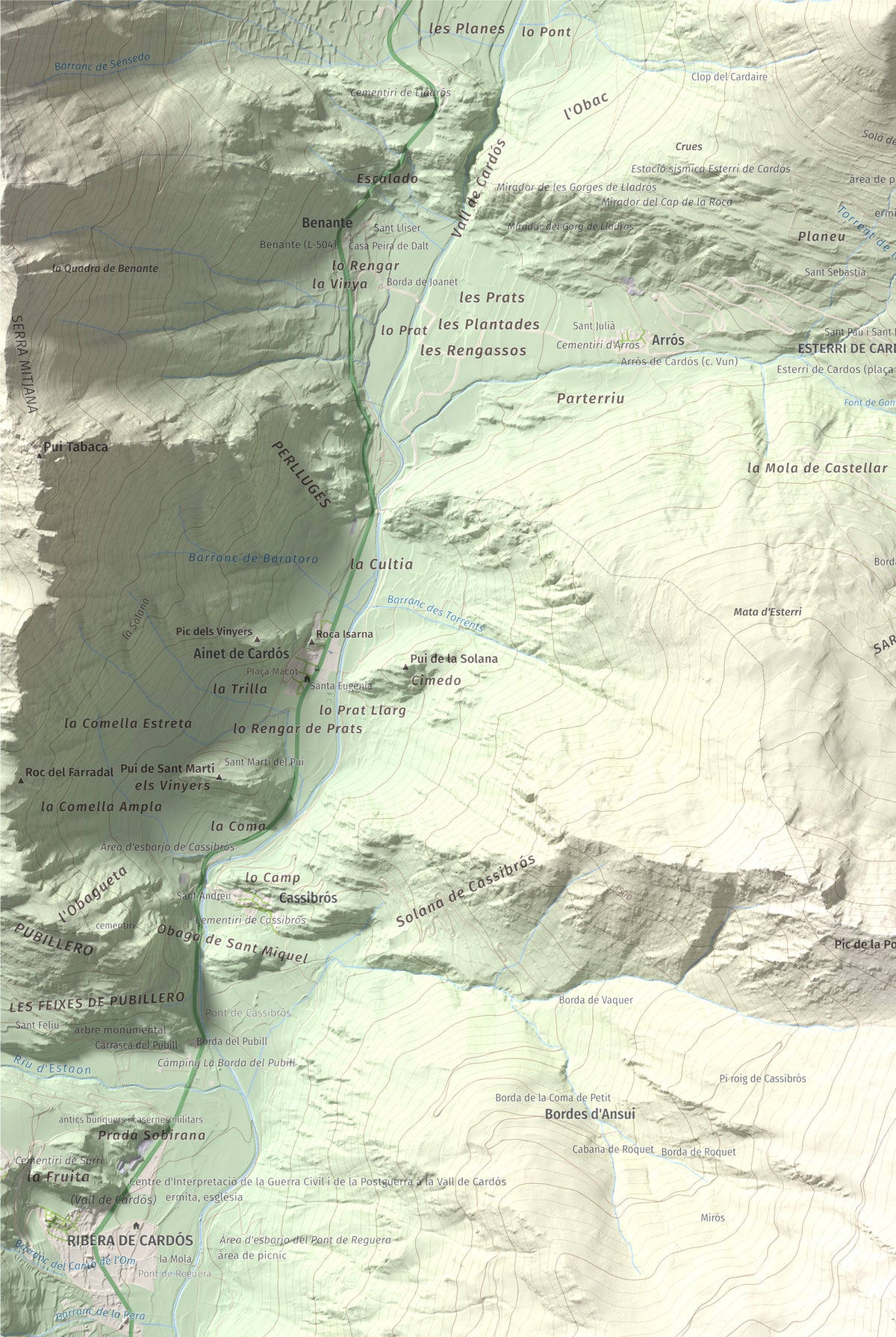 Mapa de relieve de Pui de Cassibrós, 2085 m, Pallars Sobirà, lámina 100 Cims de Trobart. Detalle de la zona superior izquierda. 61 × 91 cm.
