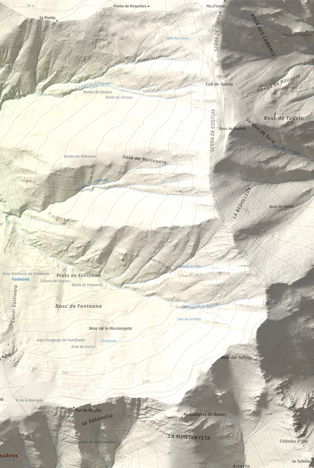 Mapa de relieve de Pui de Cassibrós, 2085 m, Pallars Sobirà, lámina 100 Cims de Trobart. Detalle de la zona superior derecha. 61 × 91 cm.