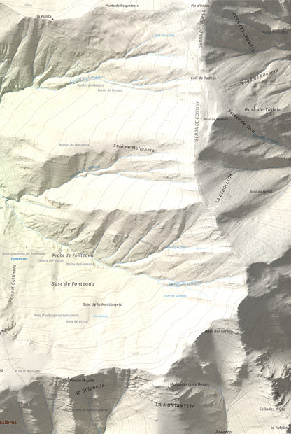 Mapa de relieve de Pui de Cassibrós, 2085 m, Pallars Sobirà, lámina 100 Cims de Trobart. Detalle de la zona superior derecha. 61 × 91 cm.