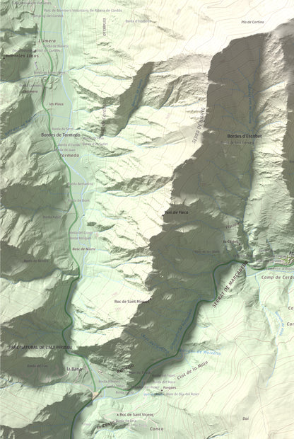Mapa de relieve de Pui de Cassibrós, 2085 m, Pallars Sobirà, lámina 100 Cims de Trobart. Detalle de la zona inferior izquierda. 61 × 91 cm.