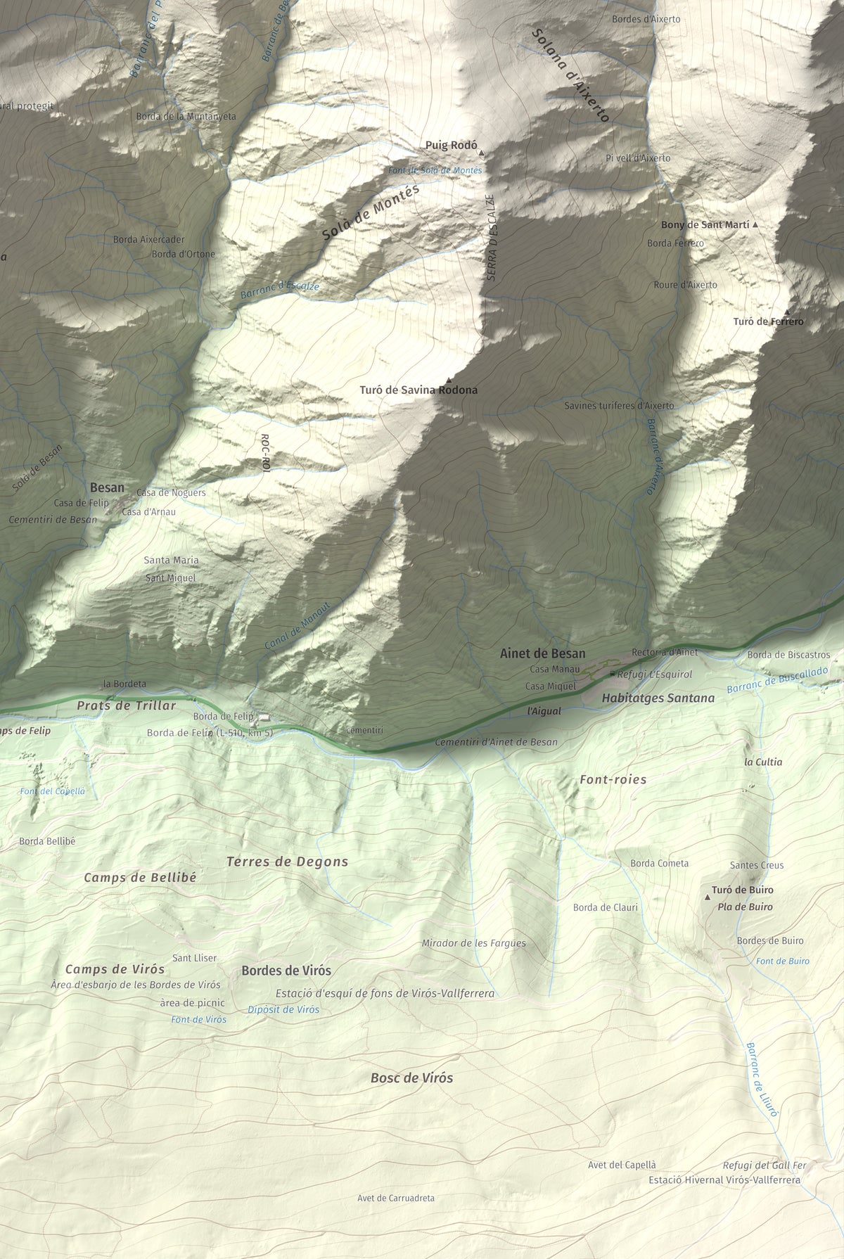 Mapa de relieve de Pui de Cassibrós, 2085 m, Pallars Sobirà, lámina 100 Cims de Trobart. Detalle de la zona inferior derecha. 61 × 91 cm.